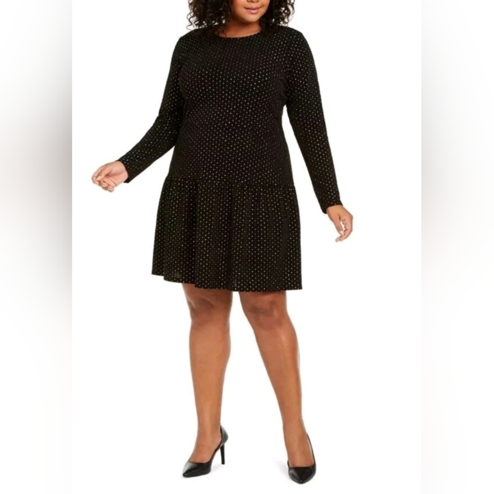 Michael Kors Plus Size Embellished Drop-Waist dress Black Zip-up Gold dots 1X